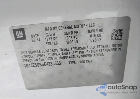 2014 Chevrolet Sonic Ltz Auto from USA, damaged, VIN 1G1JE5SB5E4230353
